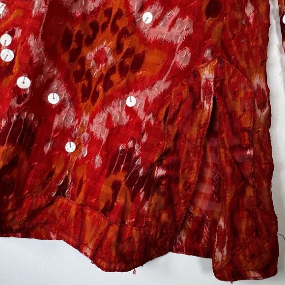 Tory Burch Sequin Silk Blend Tunic Blouse Red Pink Ikat Print Size 6 Sheer Top - Picture 5 of 13